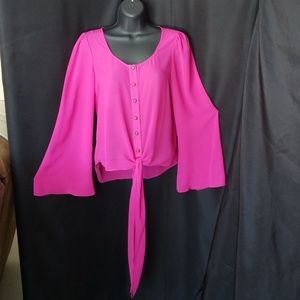 Bright Pink Chiffon Button Down with Bell Sleeves